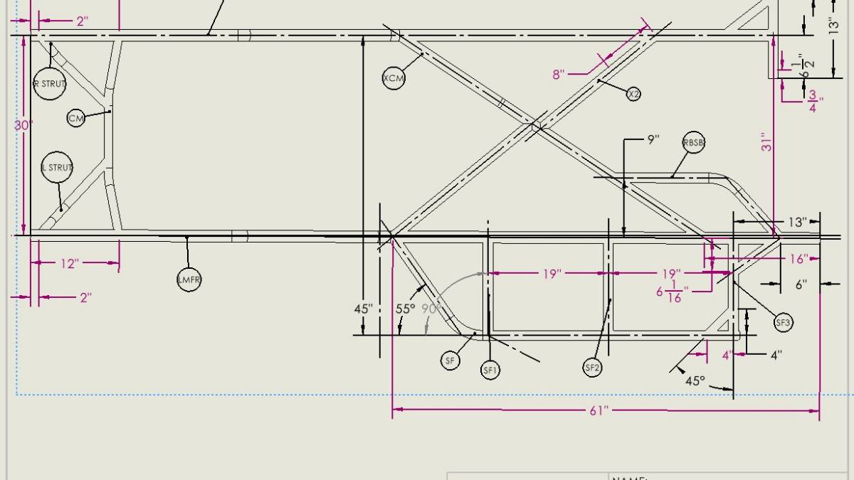 A dimensioned frame drawing with every tube called out by part