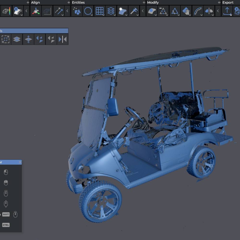 A golf cart captured as 3D scan data, roof, seats and wheels included