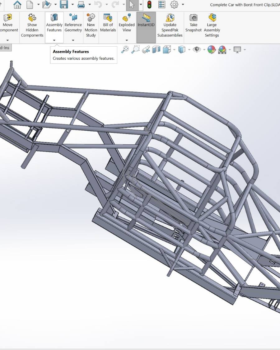 A complete car assembly with its front clip, open in CAD