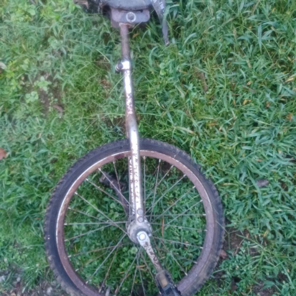 A rusted unicycle frame as it arrived, before blasting and coating