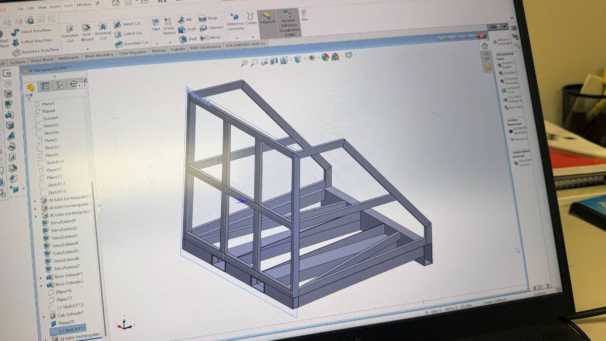 A four foot dumpster frame modelled in rectangular tube