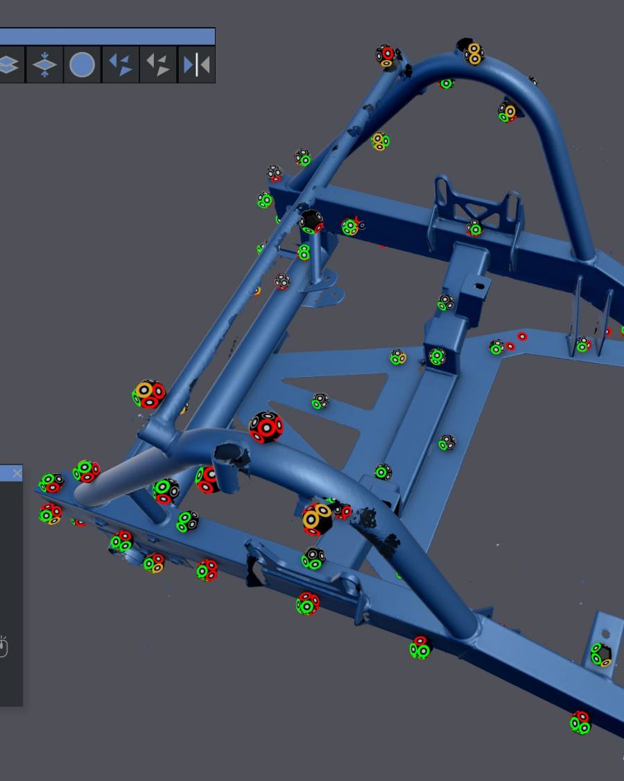 Scan data of a front clip, the photogrammetry targets picked up in the capture