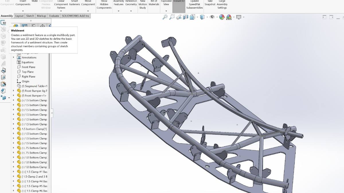 A front bumper welding jig modelled in CAD, clamp by clamp
